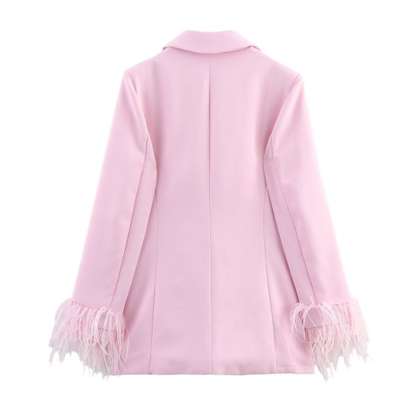 Women's Feather Sleeve Suit Jacket + Flowy Straight Leg Long Pants - Image 2