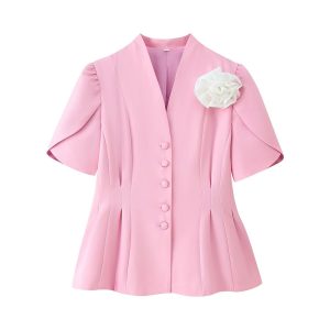 3D floral decoration V-neck short sleeved waist cinched suit jacket