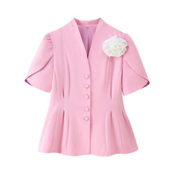 3D floral decoration V-neck short sleeved waist cinched suit jacket