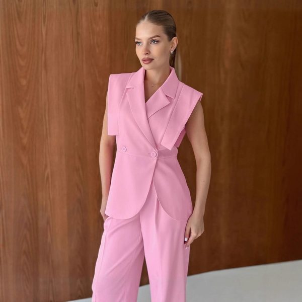 Commuting Pink Suit Vest and Long Pants Two-Piece Set for Women Autumn  Professional Workwear Set - Image 5