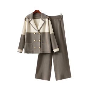 Two breasted suit top, sporty wide leg pants, two-piece set for women