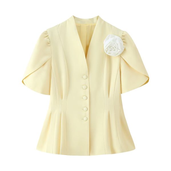 3D floral decoration V-neck short sleeved waist cinched suit jacket - Image 3