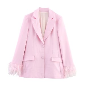 Women's Feather Sleeve Suit Jacket + Flowy Straight Leg Long Pants