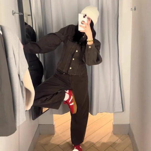 Women's Fashion Retro Fitted Single Breasted Denim Suit with Wide Leg Pants - Image 3