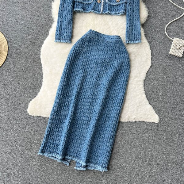 Style Noblewoman Denim Suit Women Frayed Short Denim Jacket + Slit Skirt Two-Piece Set - Image 3