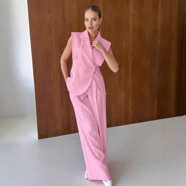 Commuting Pink Suit Vest and Long Pants Two-Piece Set for Women Autumn  Professional Workwear Set - Image 2
