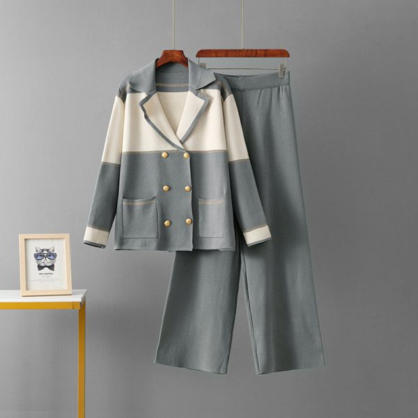 Two breasted suit top, sporty wide leg pants, two-piece set for women - Image 5