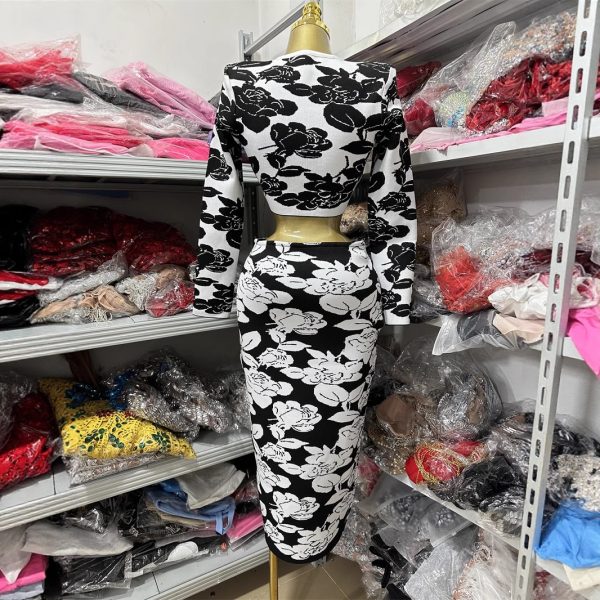 Floral Print Short Long Sleeve Top + Fashion Slim Skirt Suit Dress - Image 4