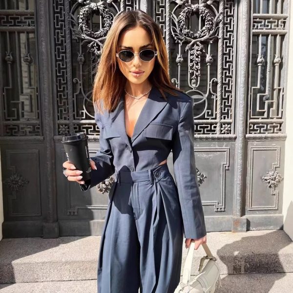 Hollow Out Blazer Top + Suit Pants for Women