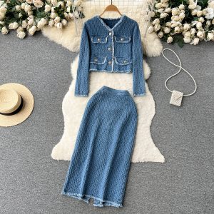 Style Noblewoman Denim Suit Women Frayed Short Denim Jacket + Slit Skirt Two-Piece Set