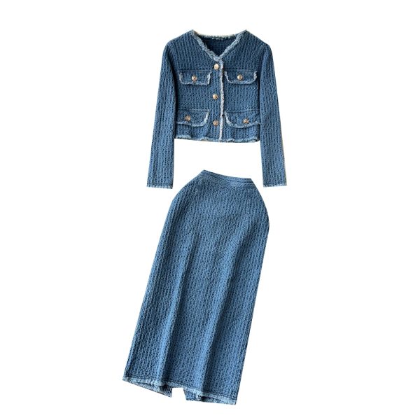 Style Noblewoman Denim Suit Women Frayed Short Denim Jacket + Slit Skirt Two-Piece Set - Image 5