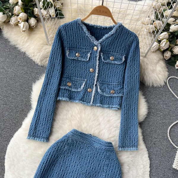 Style Noblewoman Denim Suit Women Frayed Short Denim Jacket + Slit Skirt Two-Piece Set - Image 2