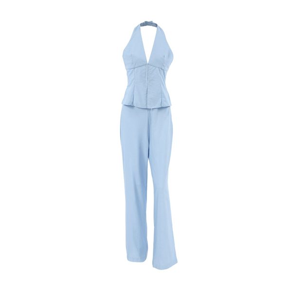 Commuter Off-the-Shoulder V-Neck Vest and Long Pants Two-Piece Set Design Cotton Linen Sleeveless Tank Top Suit