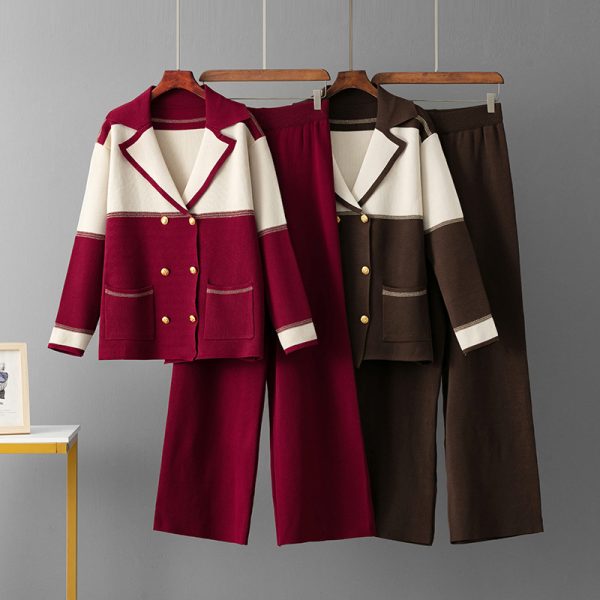 Two breasted suit top, sporty wide leg pants, two-piece set for women - Image 3