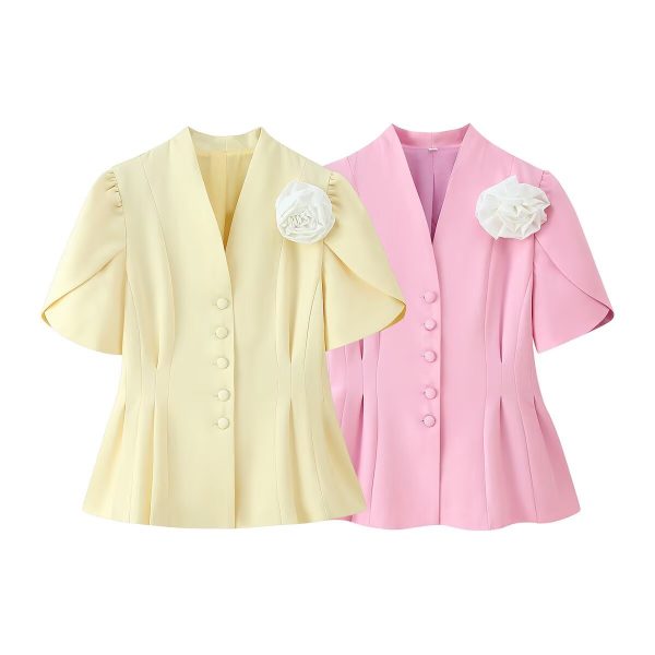 3D floral decoration V-neck short sleeved waist cinched suit jacket - Image 2