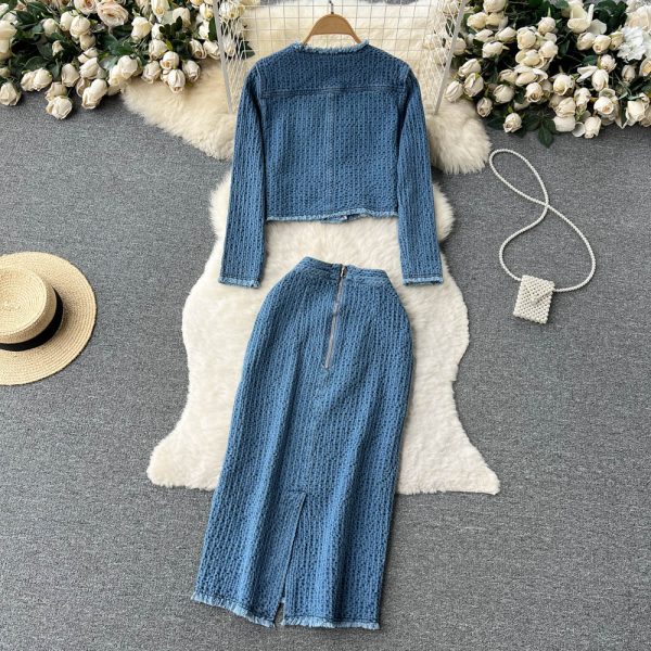 Style Noblewoman Denim Suit Women Frayed Short Denim Jacket + Slit Skirt Two-Piece Set - Image 4