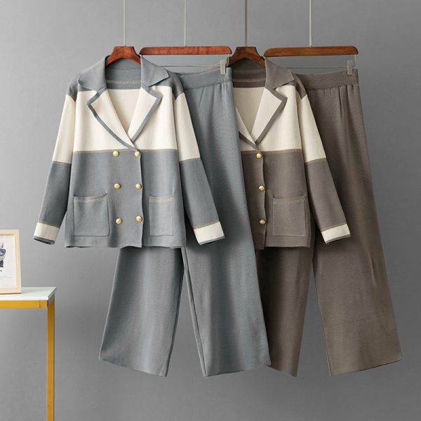 Two breasted suit top, sporty wide leg pants, two-piece set for women - Image 2