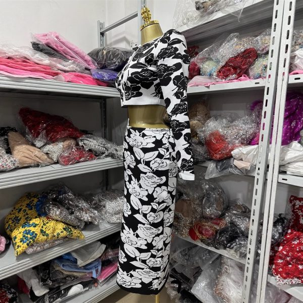 Floral Print Short Long Sleeve Top + Fashion Slim Skirt Suit Dress - Image 3