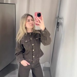 Women's Fashion Retro Fitted Single Breasted Denim Suit with Wide Leg Pants