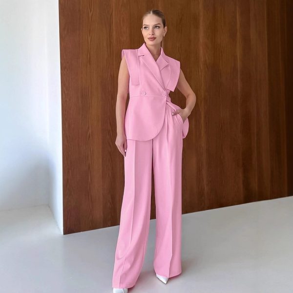 Commuting Pink Suit Vest and Long Pants Two-Piece Set for Women Autumn  Professional Workwear Set - Image 3