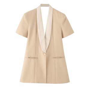 Color blocked lapel short sleeved backless suit jacket for women