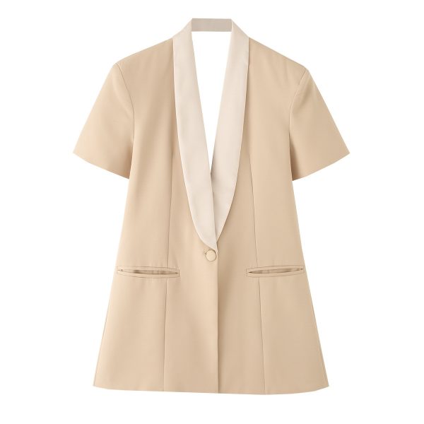 Color blocked lapel short sleeved backless suit jacket for women
