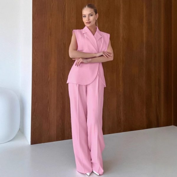 Commuting Pink Suit Vest and Long Pants Two-Piece Set for Women Autumn  Professional Workwear Set - Image 4